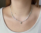 Colorful Beaded Pearl Necklace with Rock Tumbled Pendant Rock Tumbler Handmade Jewelry Beaded Necklace Stone Pendant Seed Bead