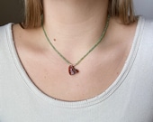 Green Beaded Necklace with Rock Tumbled Pendant Rock Tumbler Handmade Jewelry Beaded Necklace Stone Pendant Seed Bead