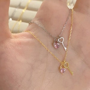 Silver Studded Heart Pendant Necklace with Pink diamond,Heart and Key