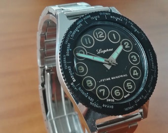 LUGERNE vintage horloge met wereldtijd, 36 mm, jaren 70, werkend en onderhouden