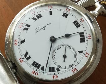 Montre de poche vintage LONGINES en argent, 1915, 49 mm, en état de fonctionnement et révisée