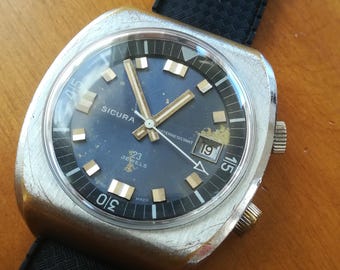 Riesige SICURA Taucher Vintage Uhr, 40 x 44 mm, ca. von 1970, funktionsfähig und gewartet