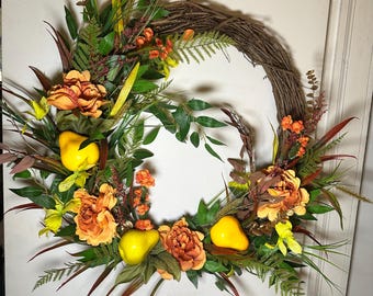 Fall Wreath, Thanksgiving wreath, fruit decor, Pear Wreath, Home Decor for Door