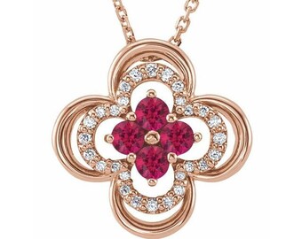 Holiday Gift Idea -  14K Rose Gold Ruby & Diamond Clover Necklace