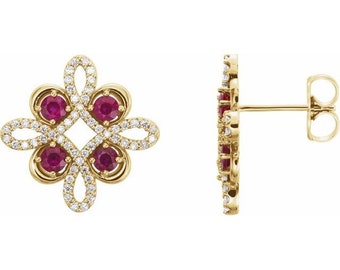 Holiday Gift Idea - 14K Yellow Gold Ruby & Diamond Earrings