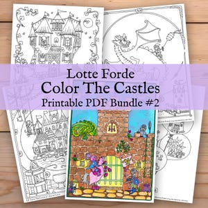 Può includere: Un pacchetto di pagine da colorare stampabili in formato PDF che presenta castelli, draghi e cavalieri. Il pacchetto è intitolato "Lotte Forde Color The Castles Printable PDF Bundle #2".