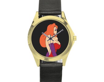 Montre élégante unisexe en métal ronde Jessica Rabbit avec bracelet en cuir et aluminium