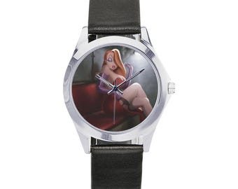Montre élégante unisexe en métal ronde Jessica Rabbit avec bracelet en cuir et aluminium