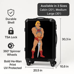 He-Man-koffer | Retro cartoonbagage voor kinderen, volwassenen en fans | Spinnerwielen | Nostalgiecadeau jaren 80 | Cabine, middelgrote, grote maten