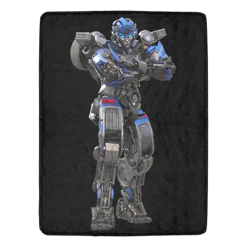 May include: A blue and silver robot with a black background. The robot has a human-like face with blue eyes and a black mouth. The robot is standing with its arms crossed.