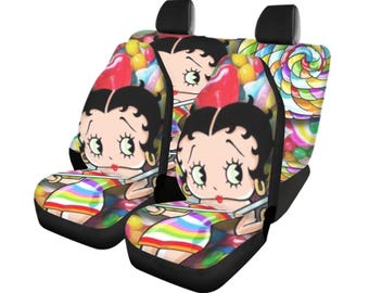 Juego completo de fundas para asientos de coche Betty Boop, ajuste universal delantero y trasero, decoración con dibujos animados, apto para coches, camiones y furgonetas.