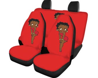 Juego completo de fundas para asientos de coche de Betty Boop, color negro. Protector de asientos delanteros y traseros. Ajuste universal para coches, camiones y furgonetas. Bonito regalo de dibujos animados.