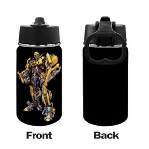 May include: A black stainless steel water bottle with a yellow and black robot design on the front. The back of the bottle is black.
