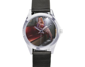 Montre élégante unisexe en métal ronde Jessica Rabbit avec bracelet en cuir et aluminium