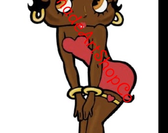 May include: Cartoon illustration of a woman with dark skin, black hair, and large eyes. She wears a red dress, gold bracelets, and red high heels. The image has the text "Handmade Arts Shop Co" in red.