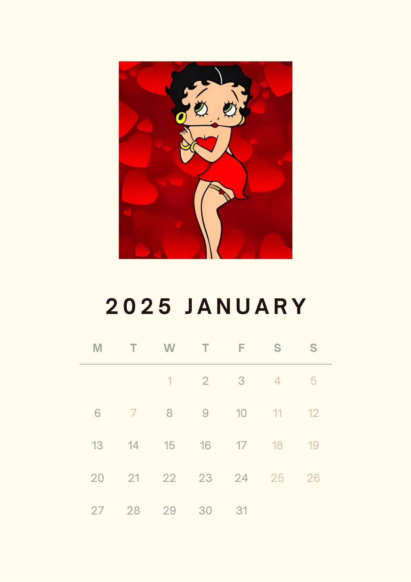 ベティ・ブープ 月間カレンダー 2025 印刷可能 PDF ギフト 誕生日 記念