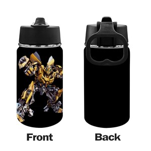 May include: A black stainless steel water bottle with a black lid and a carrying handle. The front of the bottle features a graphic of a yellow robot.