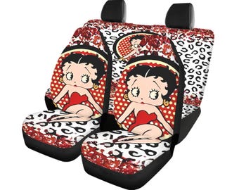 Juego completo de fundas para asientos de coche Betty Boop, ajuste universal delantero y trasero, decoración con adorables dibujos animados, apto para coches, camiones y furgonetas.