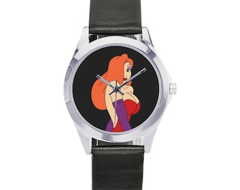 Montre élégante unisexe en métal ronde Jessica Rabbit avec bracelet en cuir et aluminium