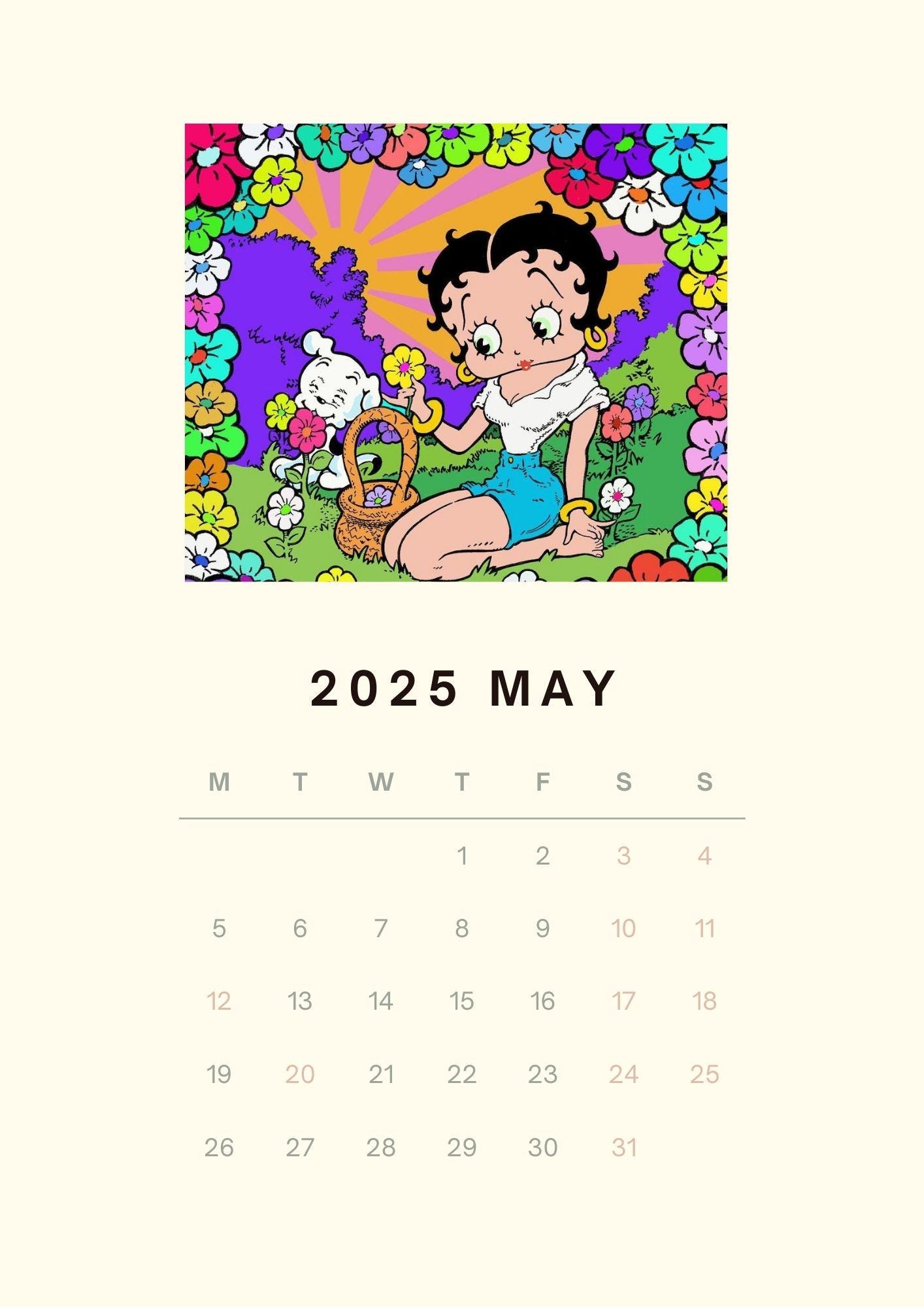 ベティ・ブープ 月間カレンダー 2025 印刷可能 PDF ギフト 誕生日 記念 