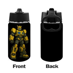 May include: A black water bottle with a black lid. The front of the bottle features a yellow and black robot character on a black background. The back of the bottle is solid black. The word "Front" and "Back" are printed below the bottle.