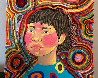 May include: A colorful painting of a person with a blue shirt with colorful circles. The background is a swirl of colorful yarn.