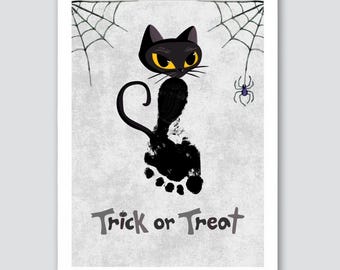 ハロウィンの足跡手形アートクラフト / 黒猫魔女の詩 / 子供幼児