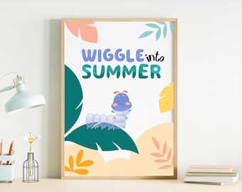 May include: A white poster with the text "WIGGLE into SUMMER" in blue and green letters. A cartoon caterpillar with a blue body and green spots is on a green leaf. The background has a yellow, orange, and green leaf pattern.