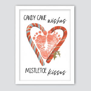 Candy Cane Wishes Maretak Kisses Footprint, voetafdruk baby kinderen peuter, winterknutsel, vakantieambachten, kerstdecor, kerstmis afdrukbaar