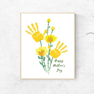 Feliz día de la madre, flores para mamá, artesanía con huellas de manos de bebé, artesanía de arte manual, cumpleaños de mamá, niños pequeños, tarjeta de regalo de recuerdo, imprimible