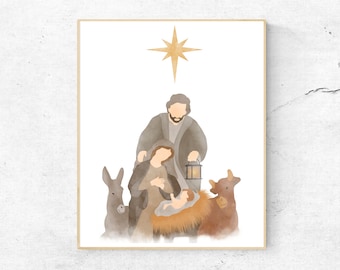 Nativity Scene Art, Christmas Digital Download, Christmas Decor, Christmas Printable, Nativity Scene Print, Holiday Wall Art, LDS Art