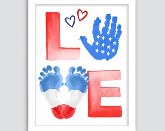 4th Of July Love Handprint Footprint, 4th of July Craft, Independence Day Handprint Footprint, Kids Baby Toddler Memory Keepsake Printable