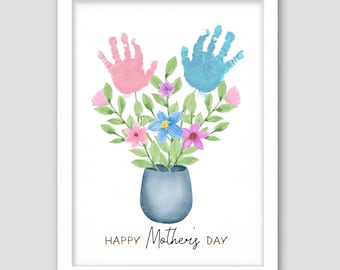 Moederdag bloempot handafdruk, bloem handafdruk kunst ambacht, Moederdag handafdruk ambacht voor kinderen peuter, mama cadeau, cadeau voor moeder
