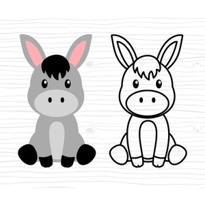 May include: A cartoon donkey illustration in two versions: a colored version with gray fur, black hooves, and pink ears, and a black and white outline version. Both versions show the donkey sitting with its legs crossed.