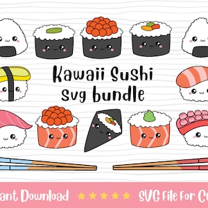 May include: A set of 10 cute cartoon sushi and onigiri illustrations. The sushi includes salmon, tuna, shrimp, and cucumber rolls. The onigiri are filled with salmon and seaweed. The illustrations are in a black and white striped background with chopsticks.