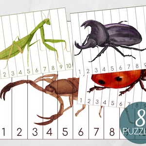 Insecto imprimible, Rompecabezas de secuencia numérica 1-10, Actividad Montessori, Actividad matemática de verano, Juego preescolar de verano Montessori, Educación en casa