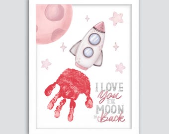 Ik hou van jou tot de maan en terug Valentijnshandafdruk, ruimteschip valentijnscadeau, valentijnscadeau, babyaandenken, kinderbaby peuter afdrukbaar