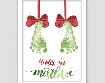 Under the Mistletoes Footprint, We Wish You Merry Christmas Footprint Card, Baby Kids Toddler Footprint, Winter Craft, Christmas Holiday