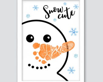 Snow Cute Snowman Craft, Snowman Nose Footprint Card, Baby Kids Toddler Footprint, Winter Craft, Christmas Holiday Craft, Christmas Decor