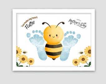 You make my heart flutter Mothers Day Gift, Bee footprint for Mom, Gift for Mom, Footprint Memory Keepsake, DIY Card For Kids