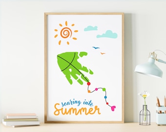 May include: A green handprint shaped like a kite with a black string attached to it. The string is connected to a series of colorful dots leading to a pink heart. The text "soaring into summer" is written below the kite. The background is white with a yellow sun, blue clouds, and orange and blue birds.