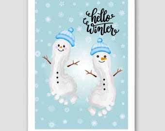 Hello Winter Cute Snowman Footprint, Merry Christmas Footprint Card, Baby Kids Toddler Footprint, Xmas Craft, Christmas Holiday Printable