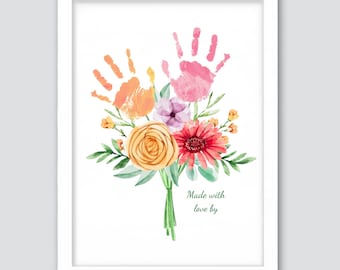May include: A watercolour print of a bouquet of flowers with handprints in the centre. The flowers are pink, orange, yellow, and green. The text "Made with love by" is at the bottom of the print.
