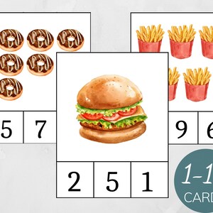 Fast Food count and clip cards 1-10, Montessori Activity, Summer Math Activity, Montessori Summer Preschool Game, Homeschool