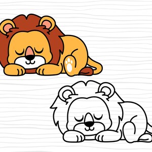 Op de afbeelding: Een cartoonillustratie van een slapende leeuw. De leeuw is oranje met een bruine manen. De leeuw ligt op zijn zij met zijn poten onder zijn kop. Onder de gekleurde versie is er een zwart-wit versie van de leeuw.