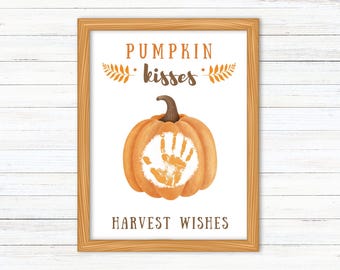 Pumpkin Kiss Harvest Wishes, Fall Season, Rainy Day Handprint Craft, Fall Season, Autumn Handprint, Back To School, DIY Craft, Printable