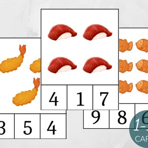 Japan Food count and clip cards 1-10, Montessori Activity, Summer Math Activity, Montessori Summer Preschool Game, Homeschool