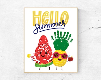 May include: A white background with the text "Hello Summer" in yellow and blue. A red watermelon with a smiling face and a green pineapple with sunglasses and a coconut drink are holding drinks.