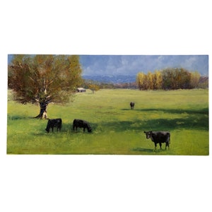 New Zealand Farm Oil Painting: Open Spaces with Cows Landscape Art
