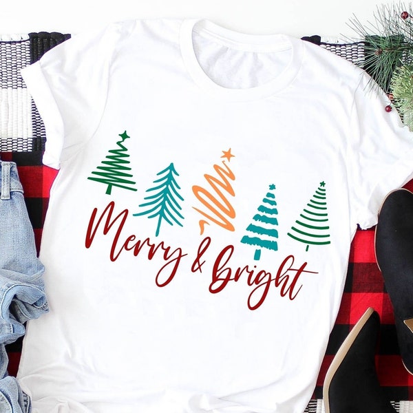 Merry and Bright SVG PNG, Merry & Bright, Christmas Trees, SVG file for Cricut, Silhouette, Cut File, Sweatshirt, Shirt Sublimation Png